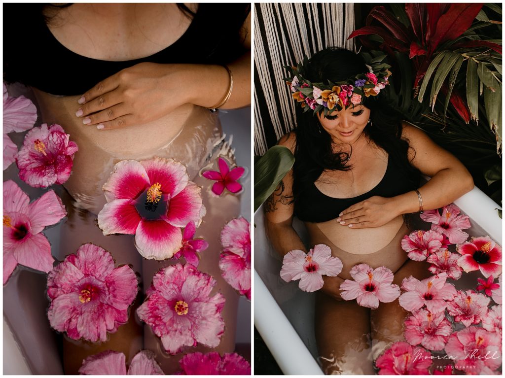 Floral pink hibiscus maternity milk bath with pregnant woman wearing haku lei 