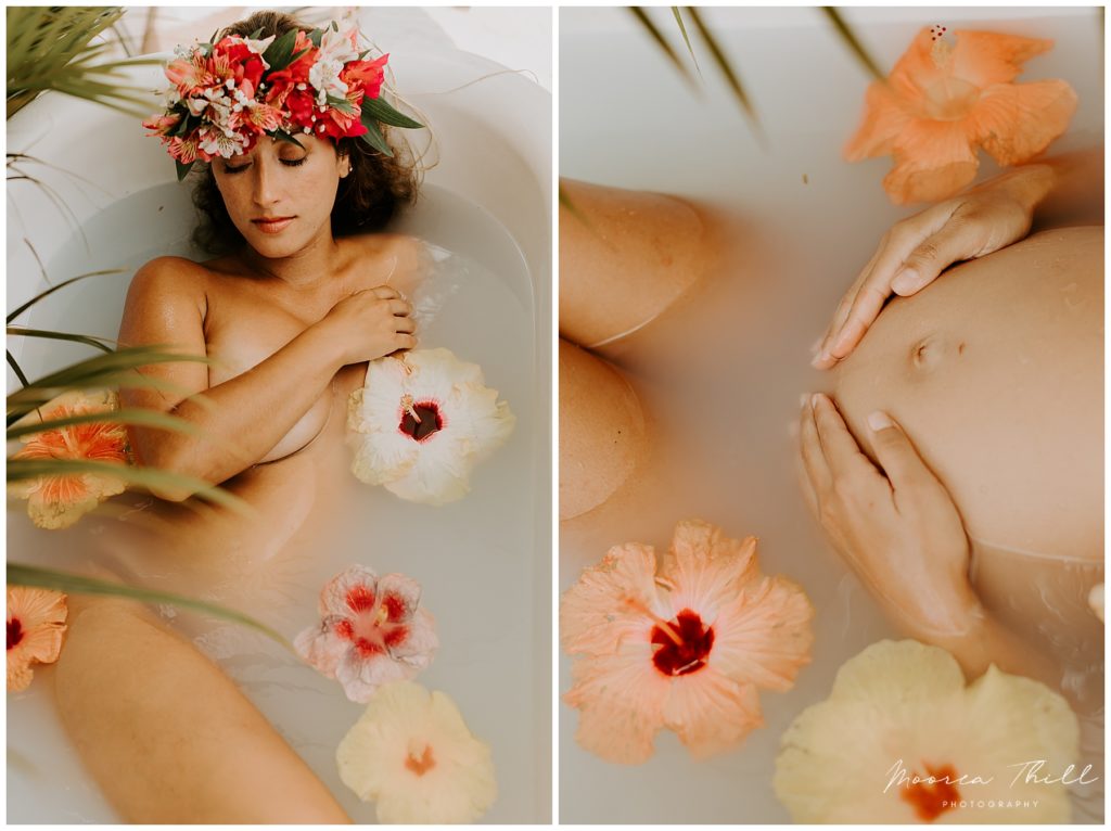 pregnant woman in austin in a hibiscus maternity milk bath relaxing 