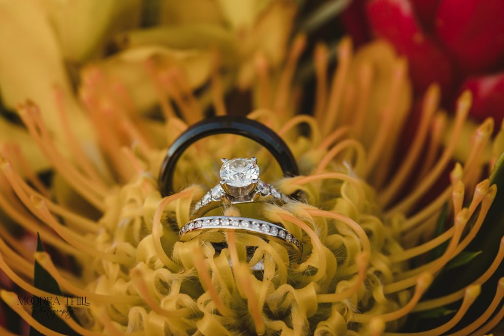 rings in protea pin cushion flowers maui elopement 